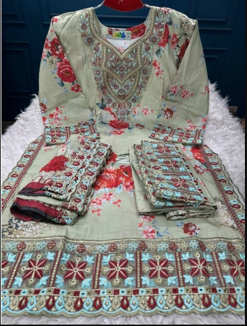 EID Exclusive Premium Quality Pakistani Inspired Stitched Cotton Collection - 1700 Olive