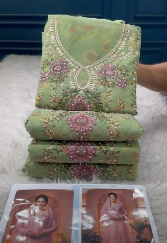 Premium Quality Pakistani Pure Organza Unstitched Party Collection - 1900 Olive Colour