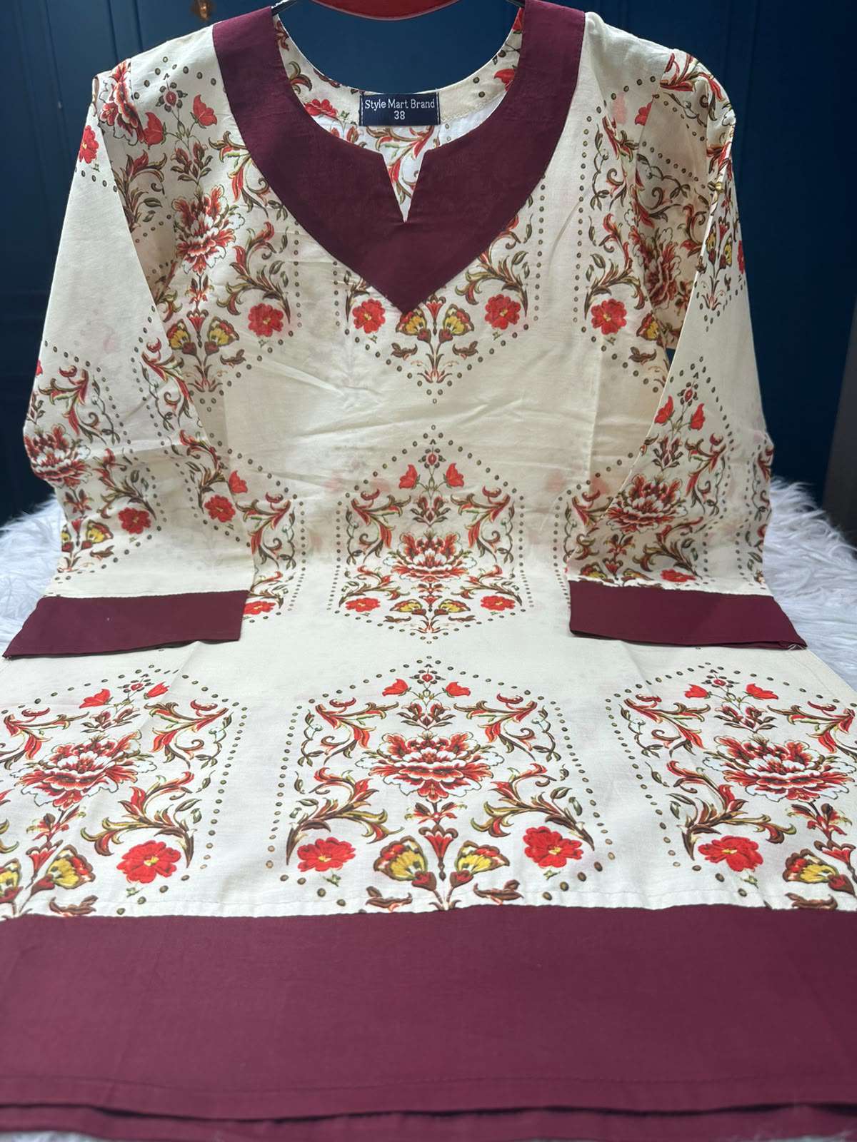 Stunning Maroon Cream Cotton Kurti
