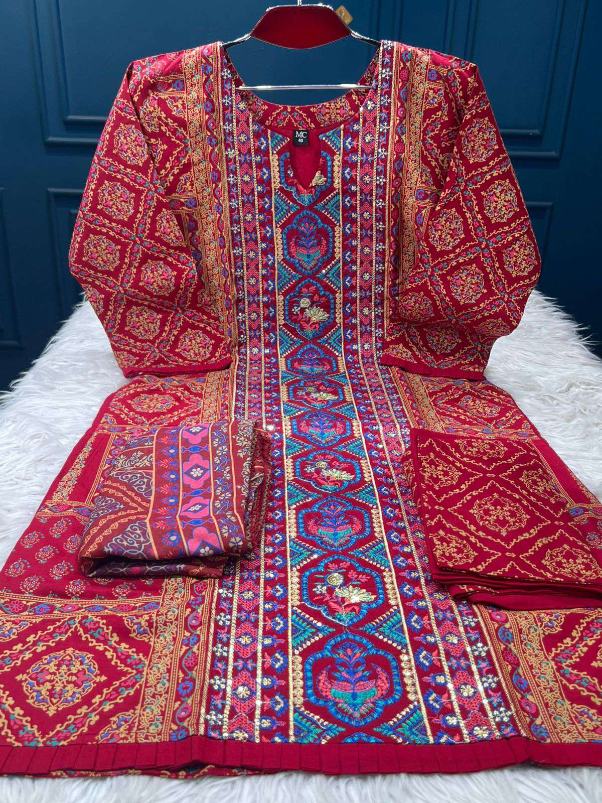 Premium Quality Pakistani Inspired Stitched Cotton Collection - 1350 Multi Red
