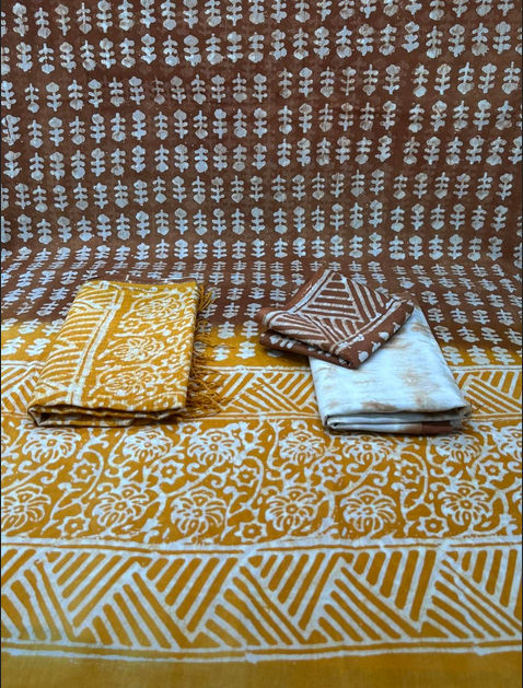 Natural Batik Brown Mustard Unstitched Dress - 1200