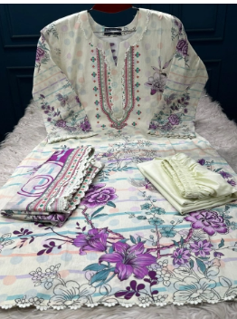 Premium Quality Luxury Lawn Stitched EID Collection - 1100 Cream