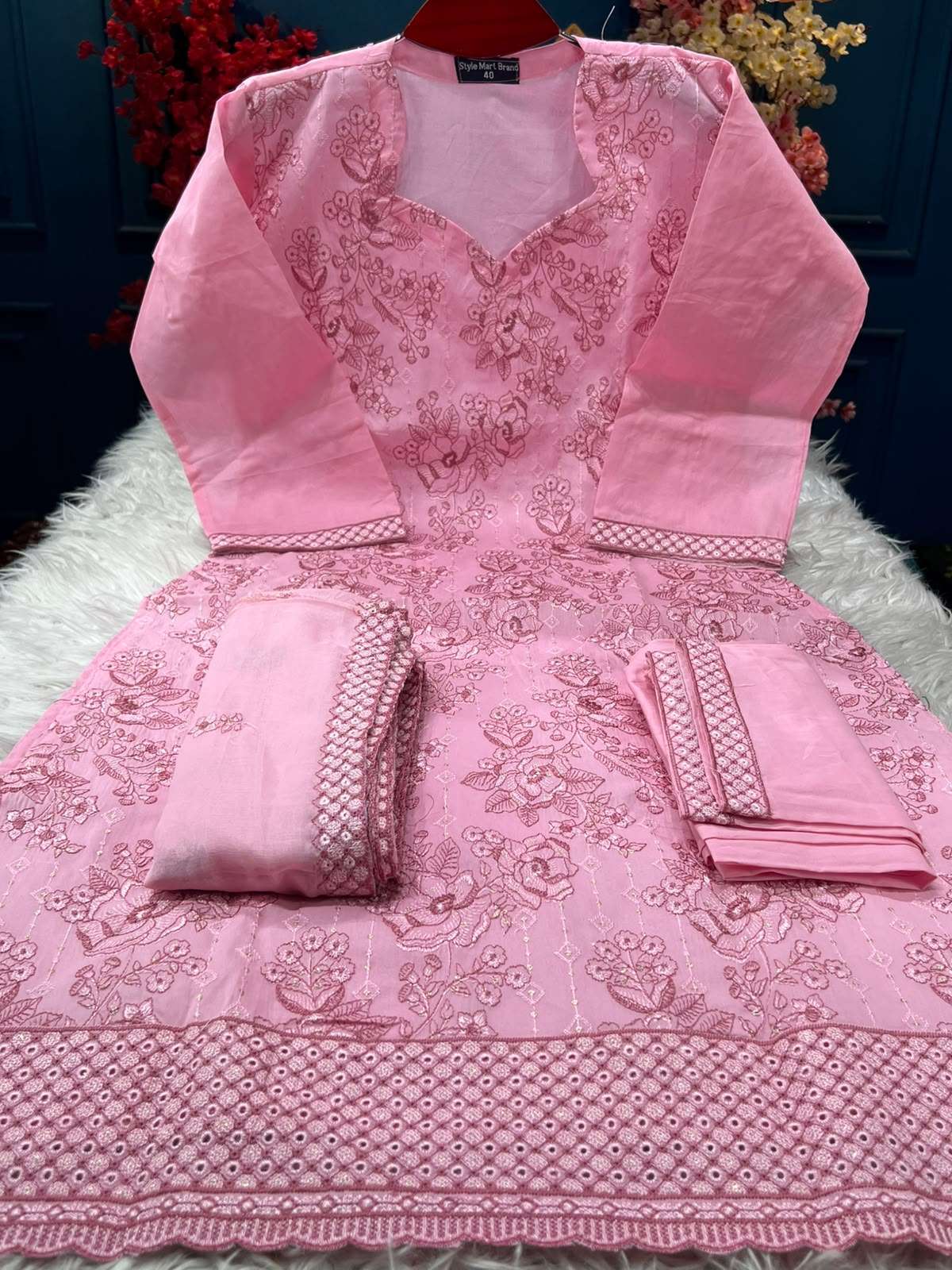 Women Glamorous Pink Embroidery Stitched Set - 1750