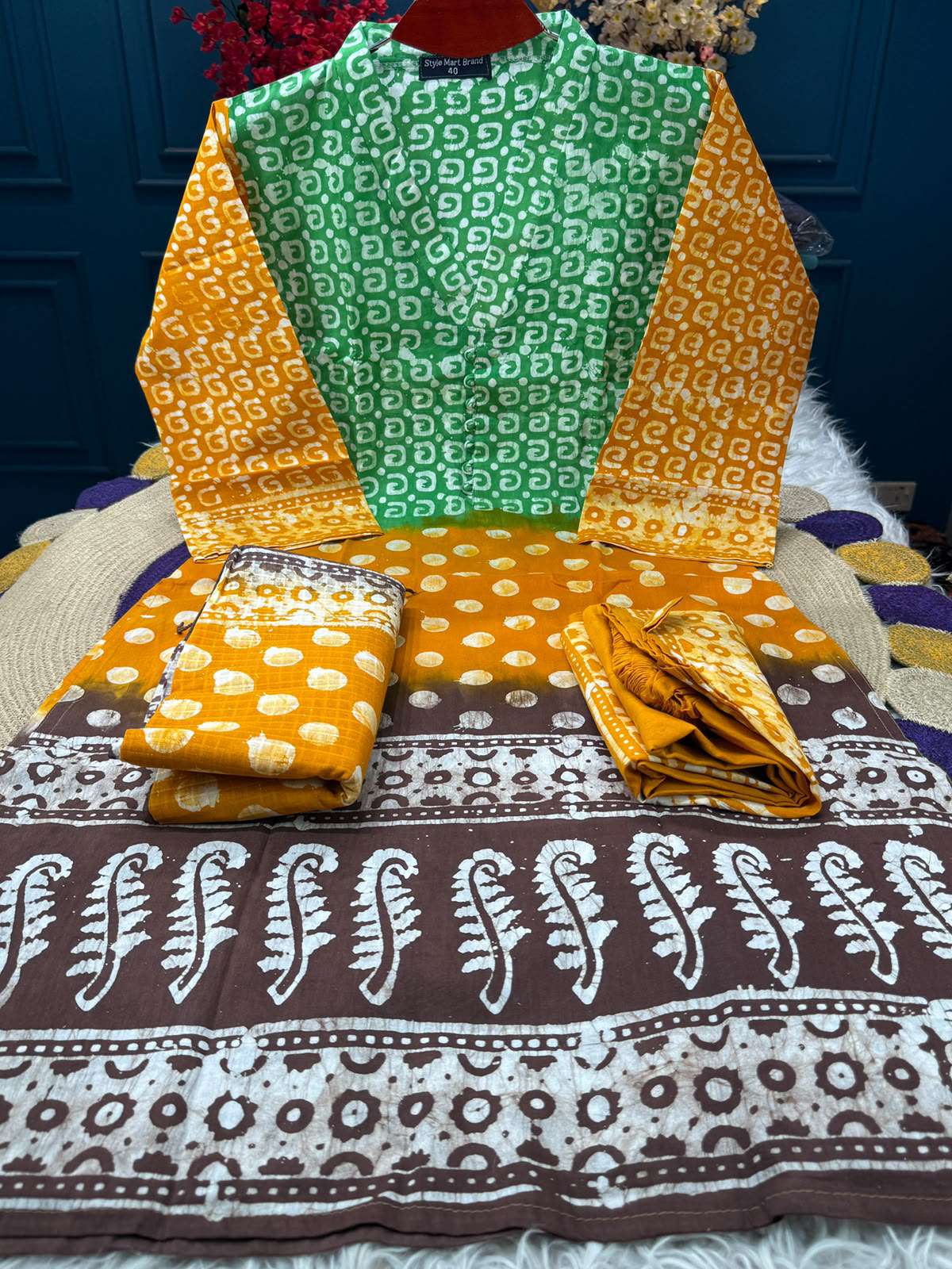 Natural Batik Green Orange Stitched Dress - 1300
