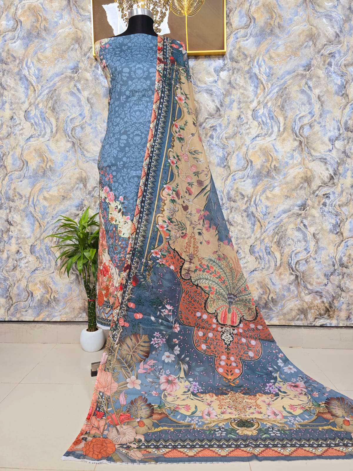 SEA BLUE UNSTITCHED Salwar Kamiz - 950
