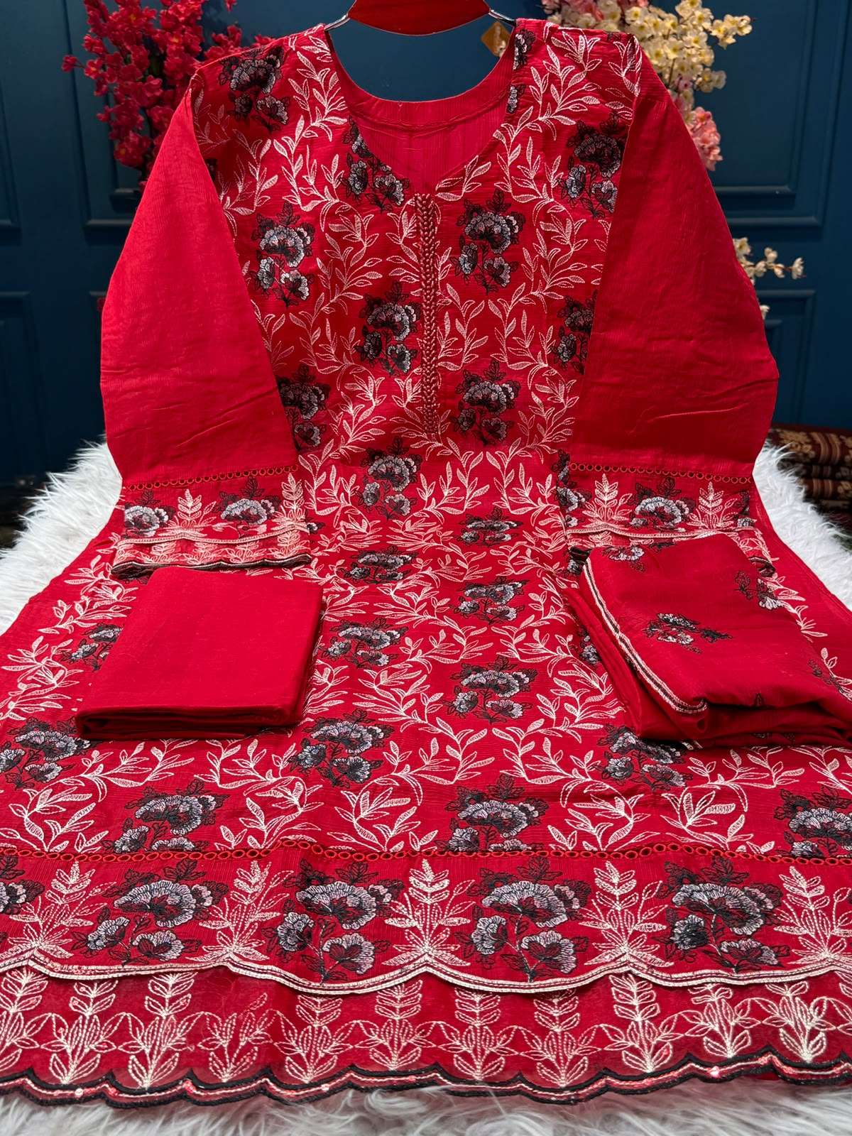 Authentic Semi Stitched Red Festive Suit - 1950