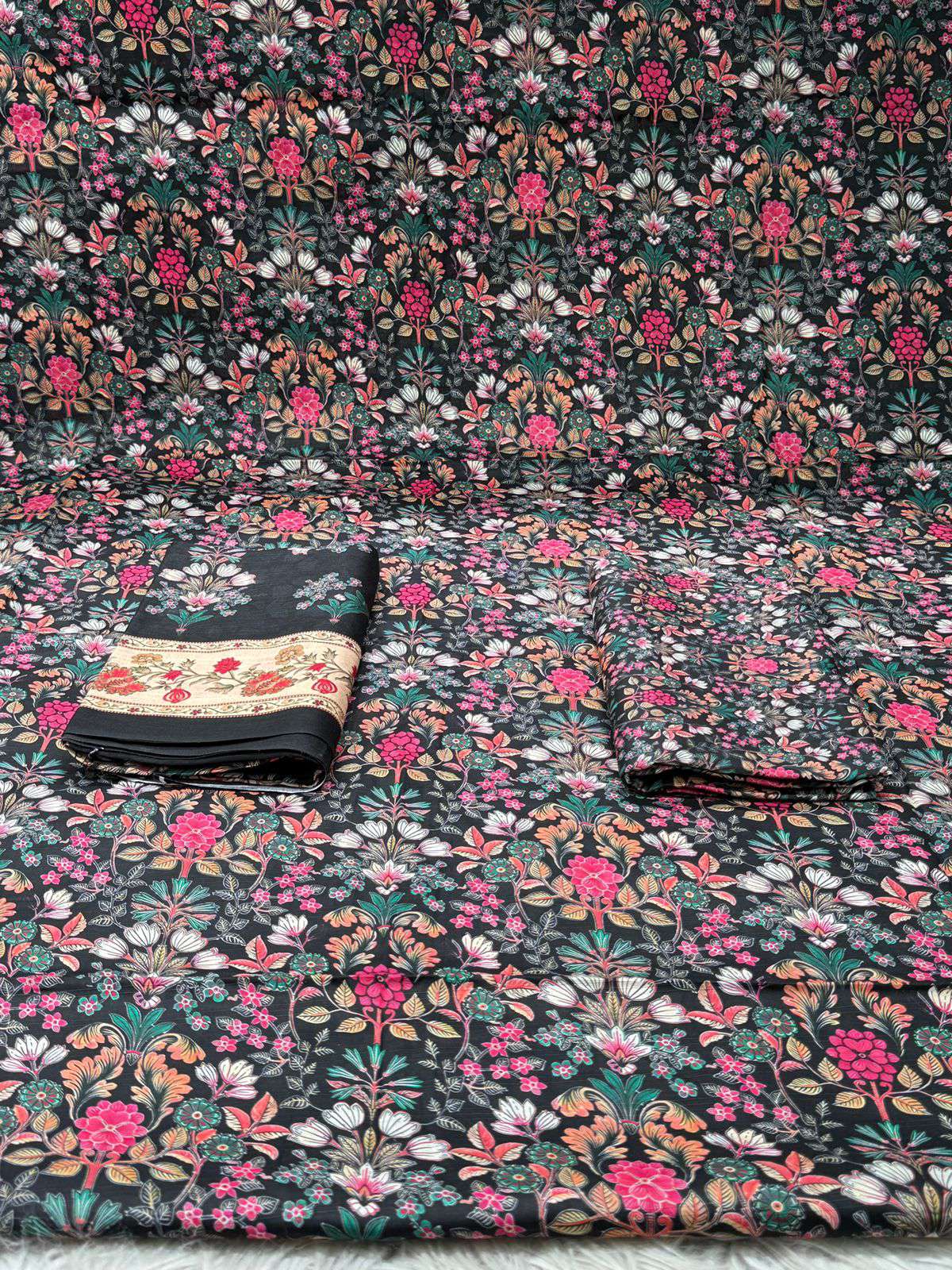 Slub Cotton Black Flowery Unstitched Dress - 1150