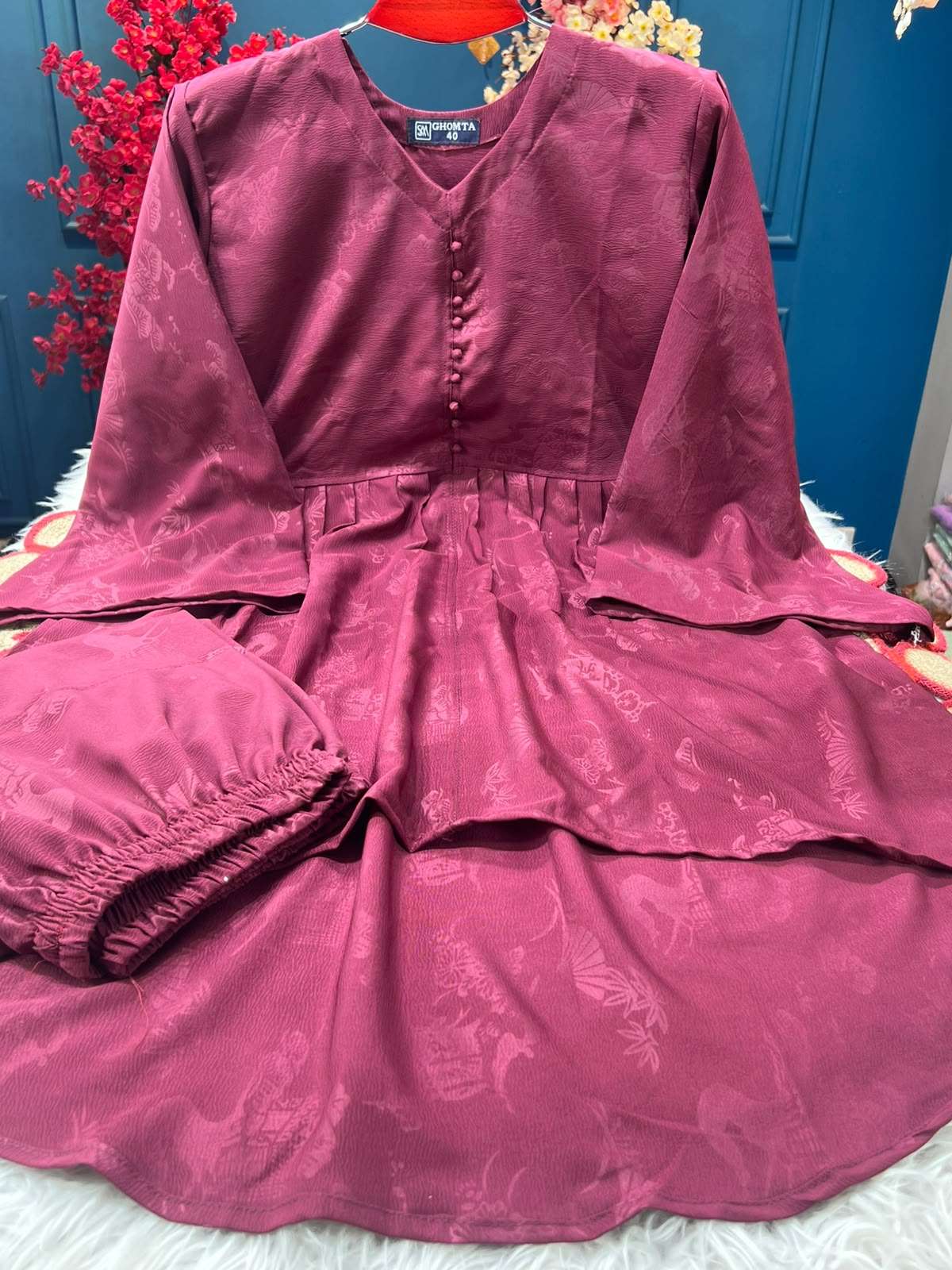 Long Combo Soft China Georgette Red Wine Kurti - 950