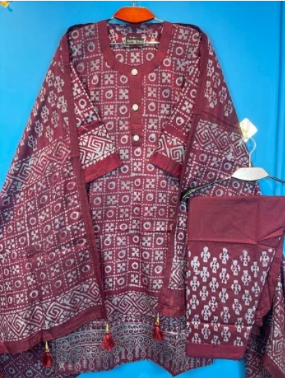 New Arraivals Vegetable Batik Stitched Three Piece For Women - 1300 Chocholate