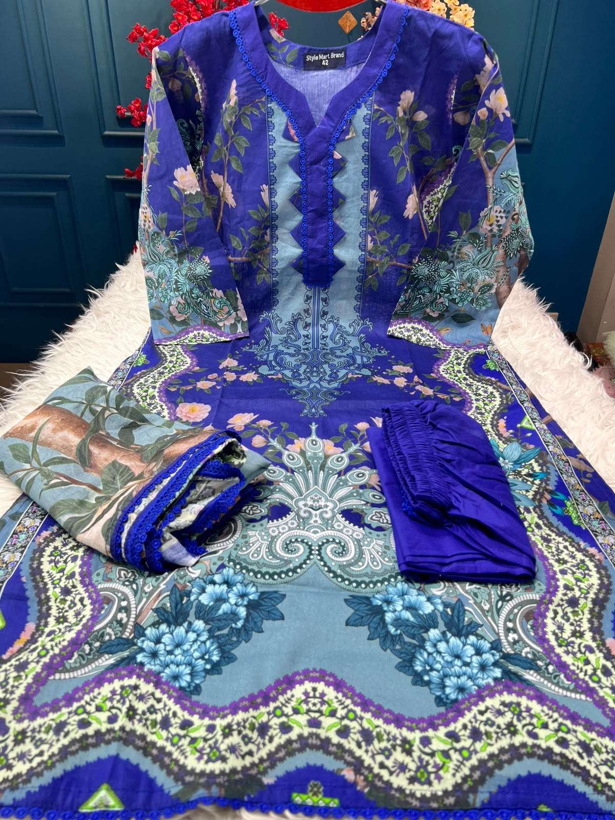 Crimson Blue Stitched Luxury Lawn - 1050