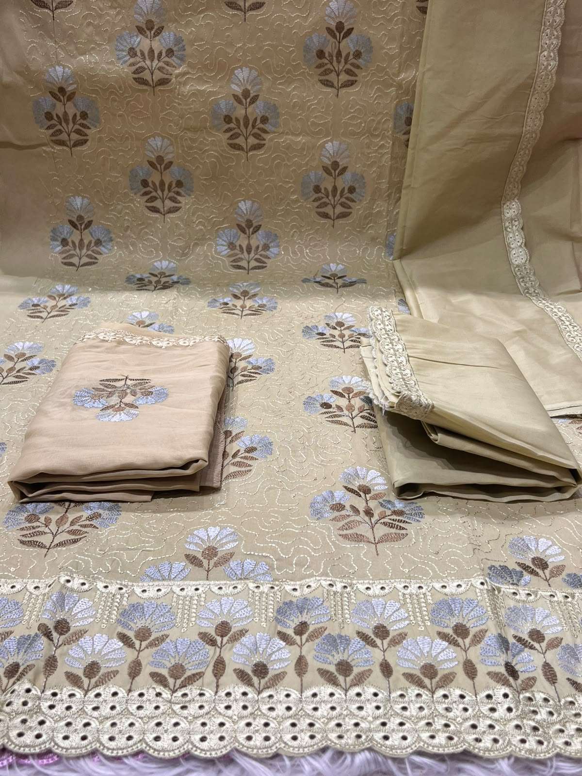 Women Ethnic Beige Unstitched Set - 1600