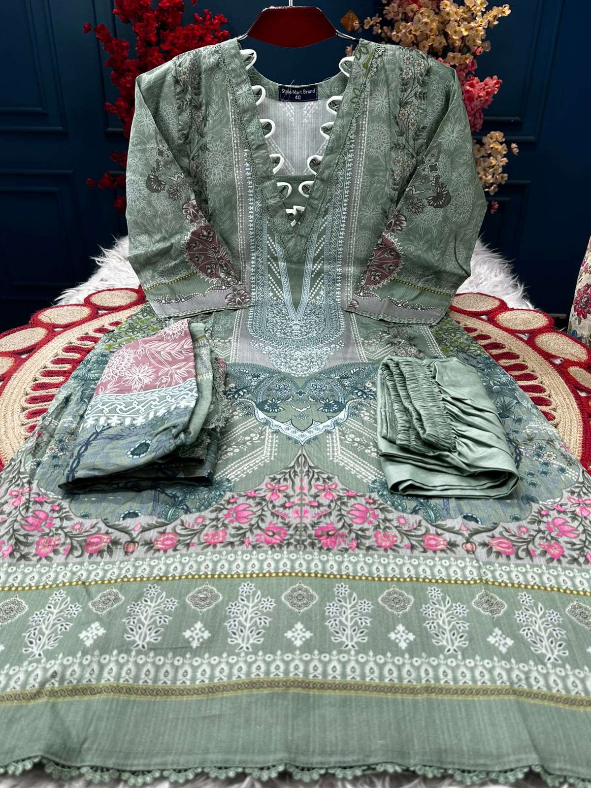 Step Cotton Glowing Light Green Stitched Set - 1100