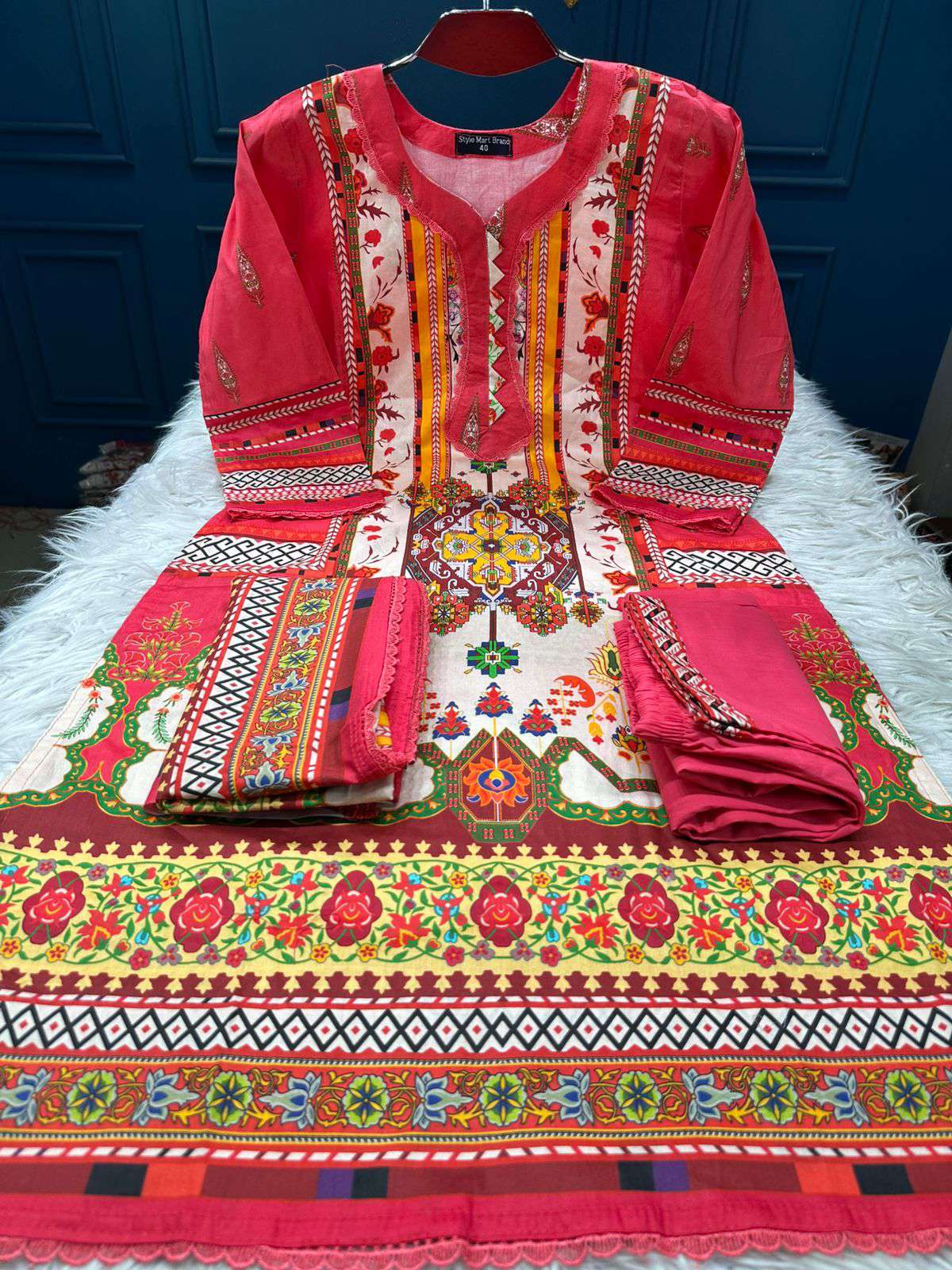 Bright Orange Bordered Stitched Lawn - 1100