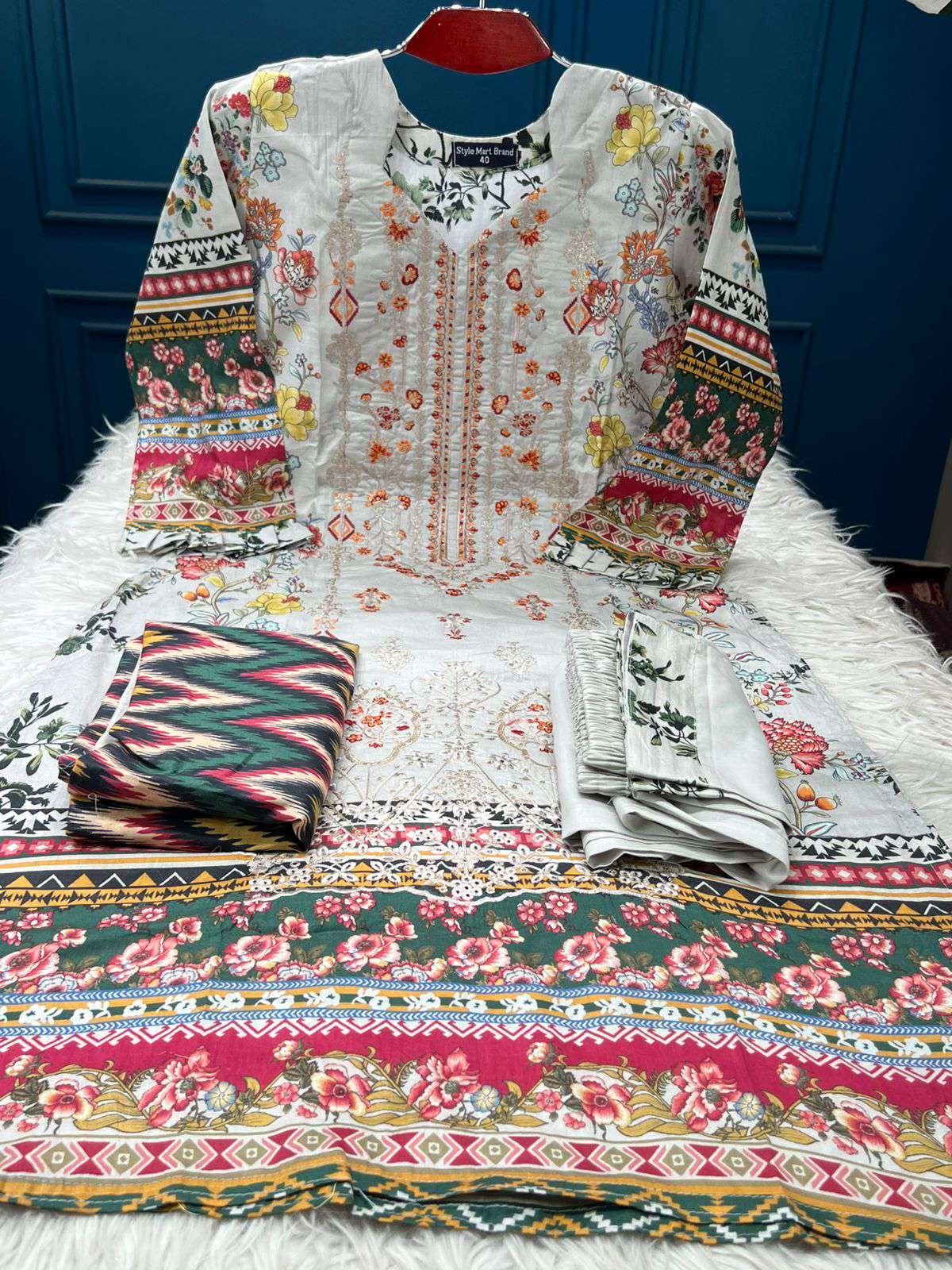 Sunhari Stitched White Orange Phool