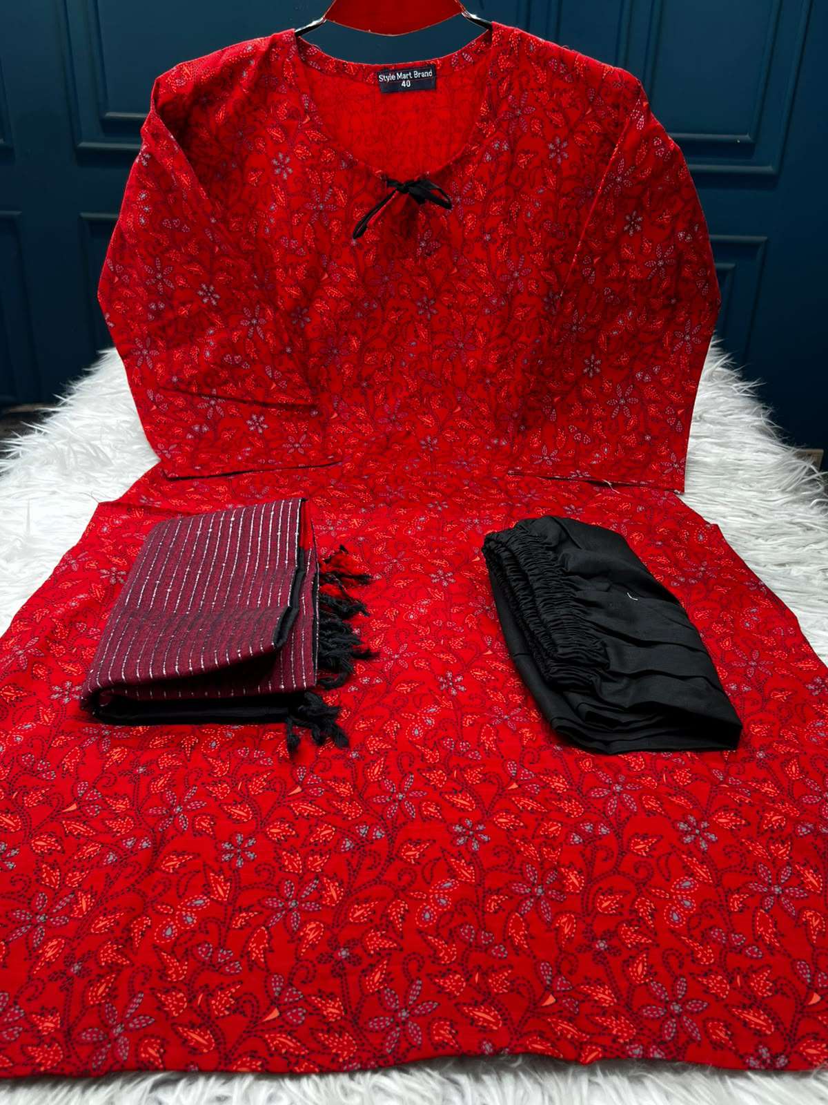Slub Cotton Red Flower Printed Stitched - 950
