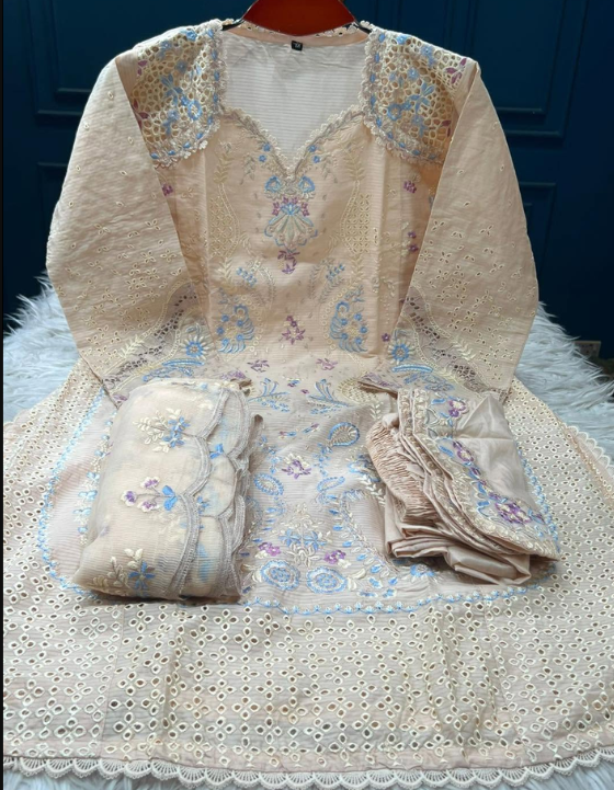 Fashionable Stitched Cream Salwar Kamiz
