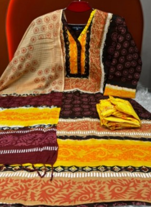 BLOCK Printed Premium Quality Vagetable Batik Stitched Three Piece Collection - 1300 Coffee