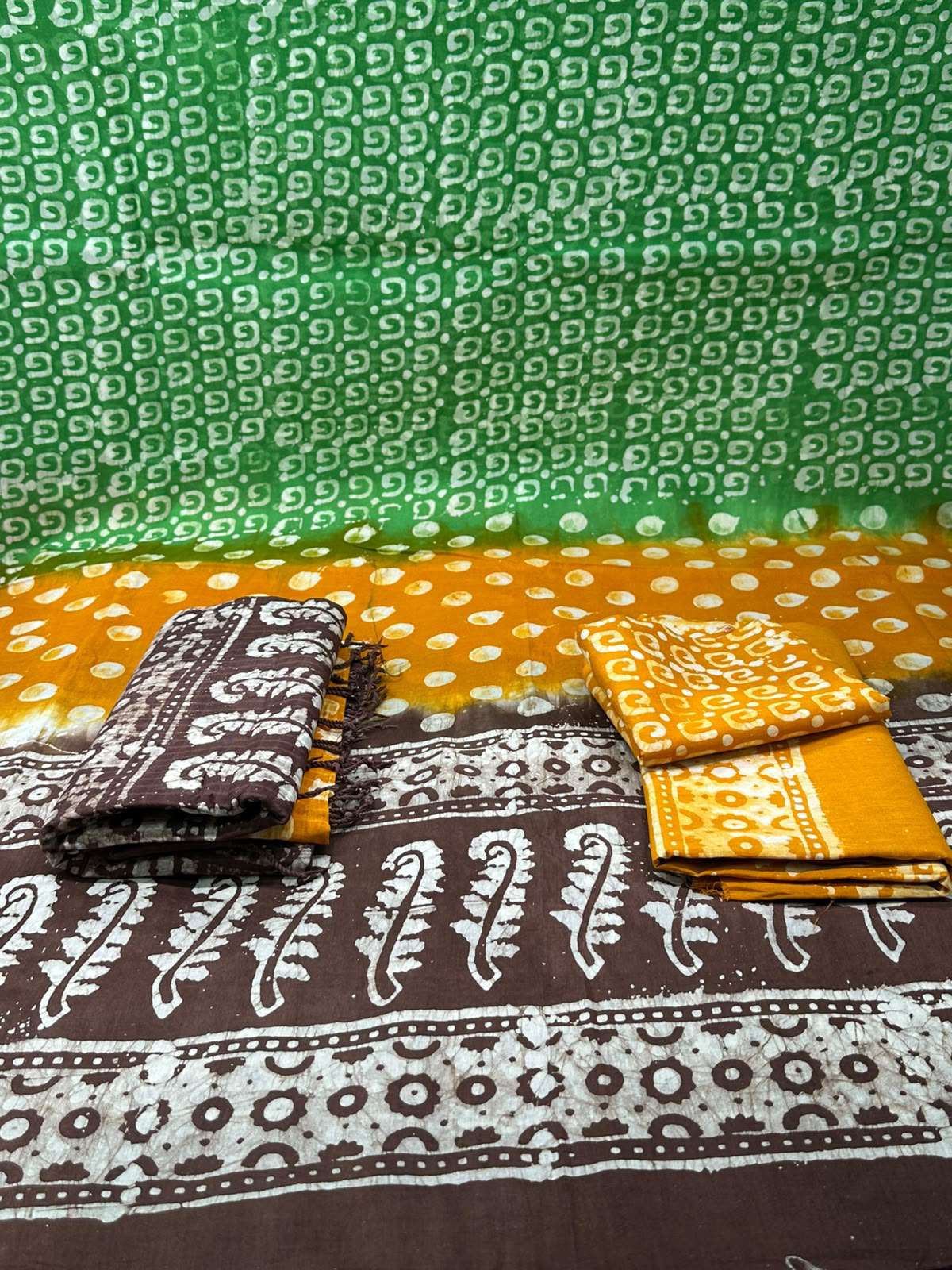 Natural Batik Green Orange Unstitched Dress - 1200