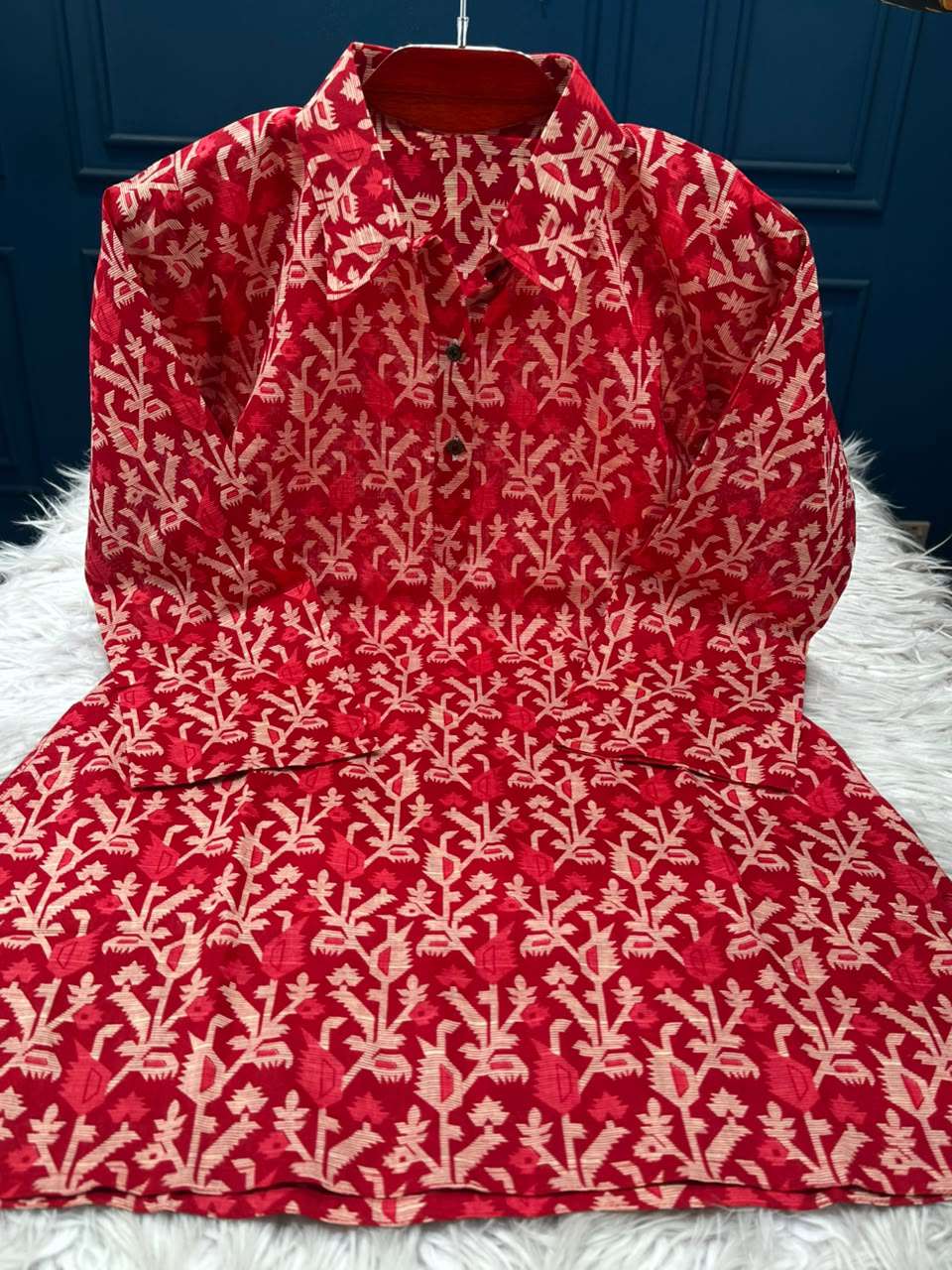 Stunning Red Shirt Collar Cotton Kurti