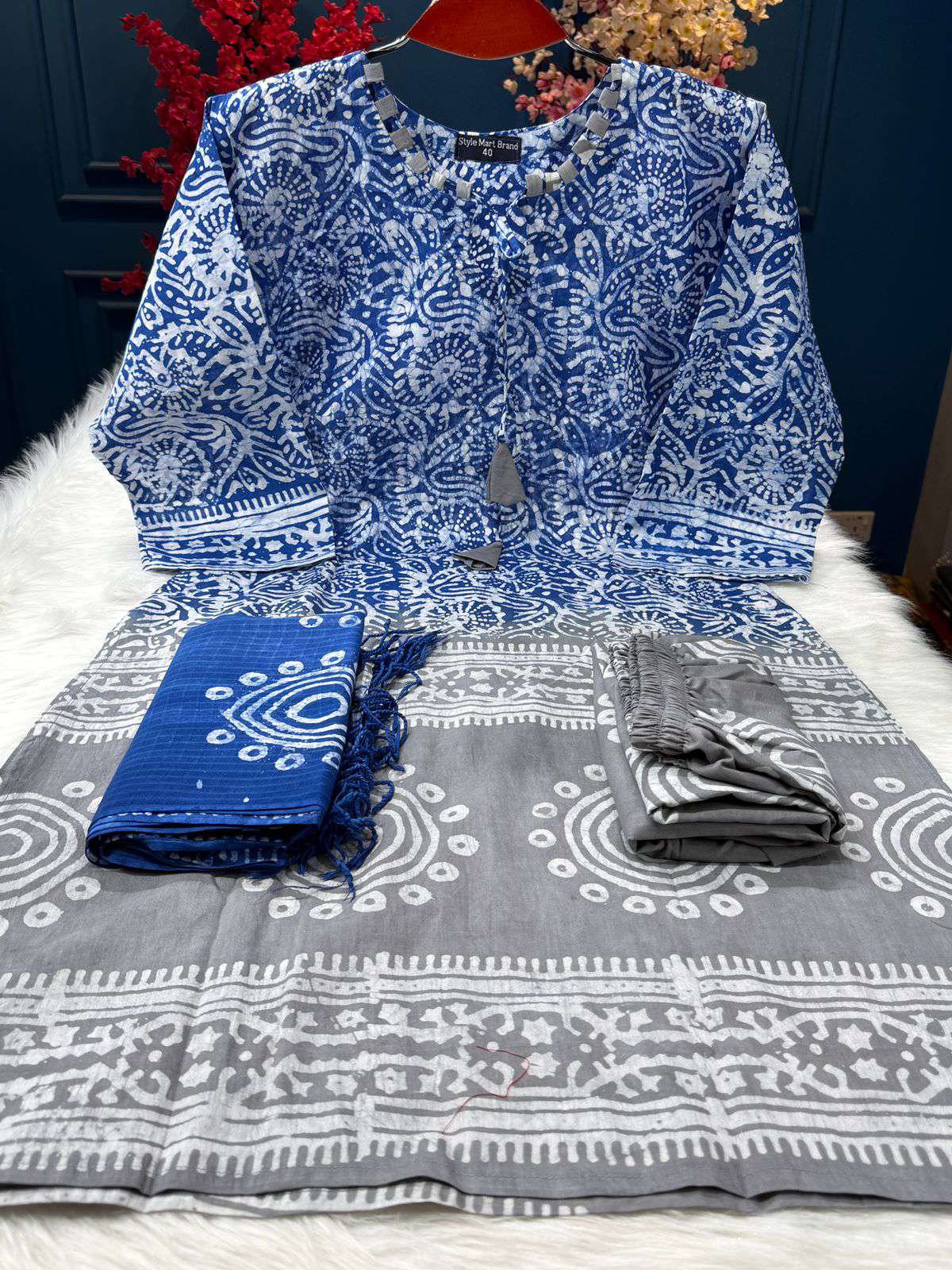 Natural Batik Blue Ash Stitched Dress - 1300