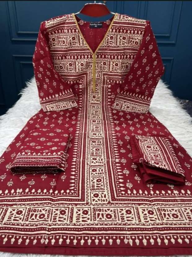 New Arrivals Vegetable Batik Stitched Three Piece For Women - 1200 Maroon