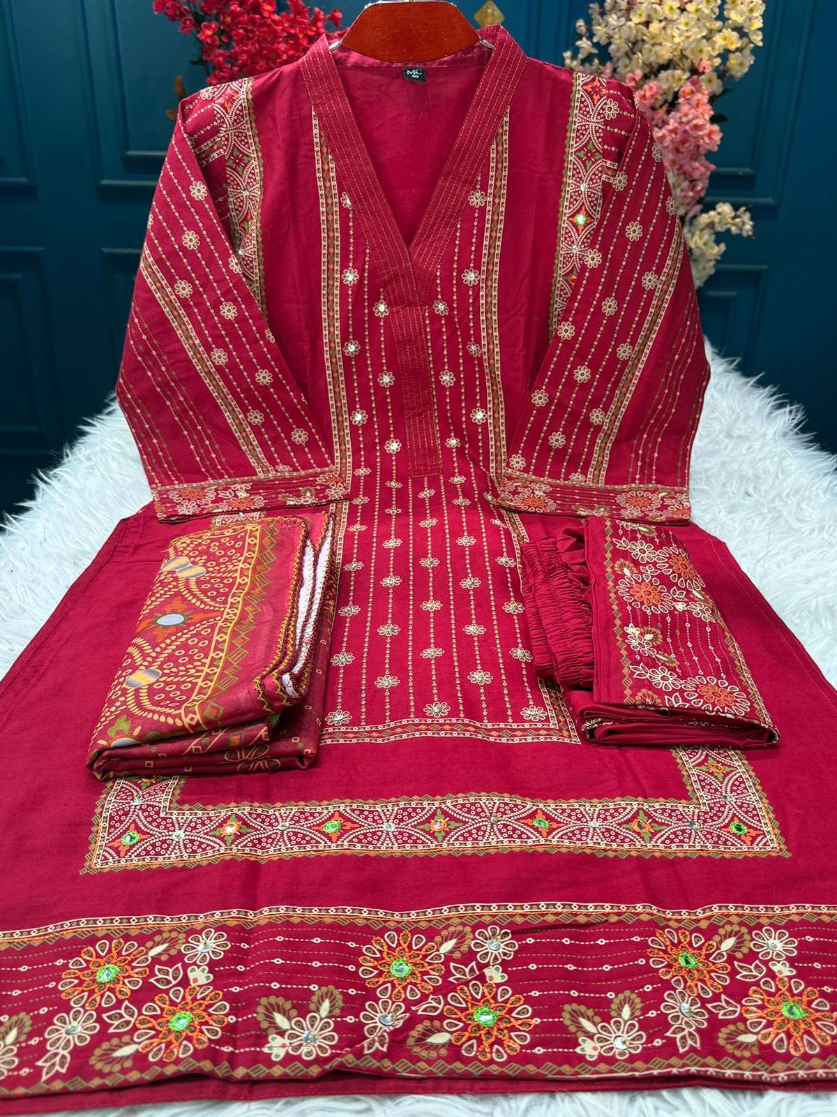 Moslin Cotton Red Stitched Dress - 1450