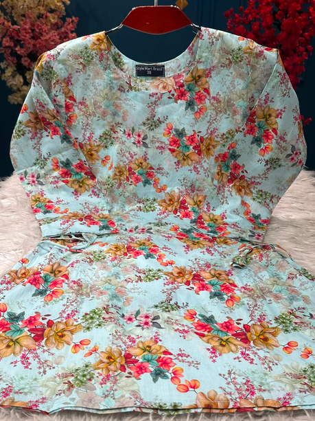Stunning Sky Flowery Print Cotton Kurti - 450