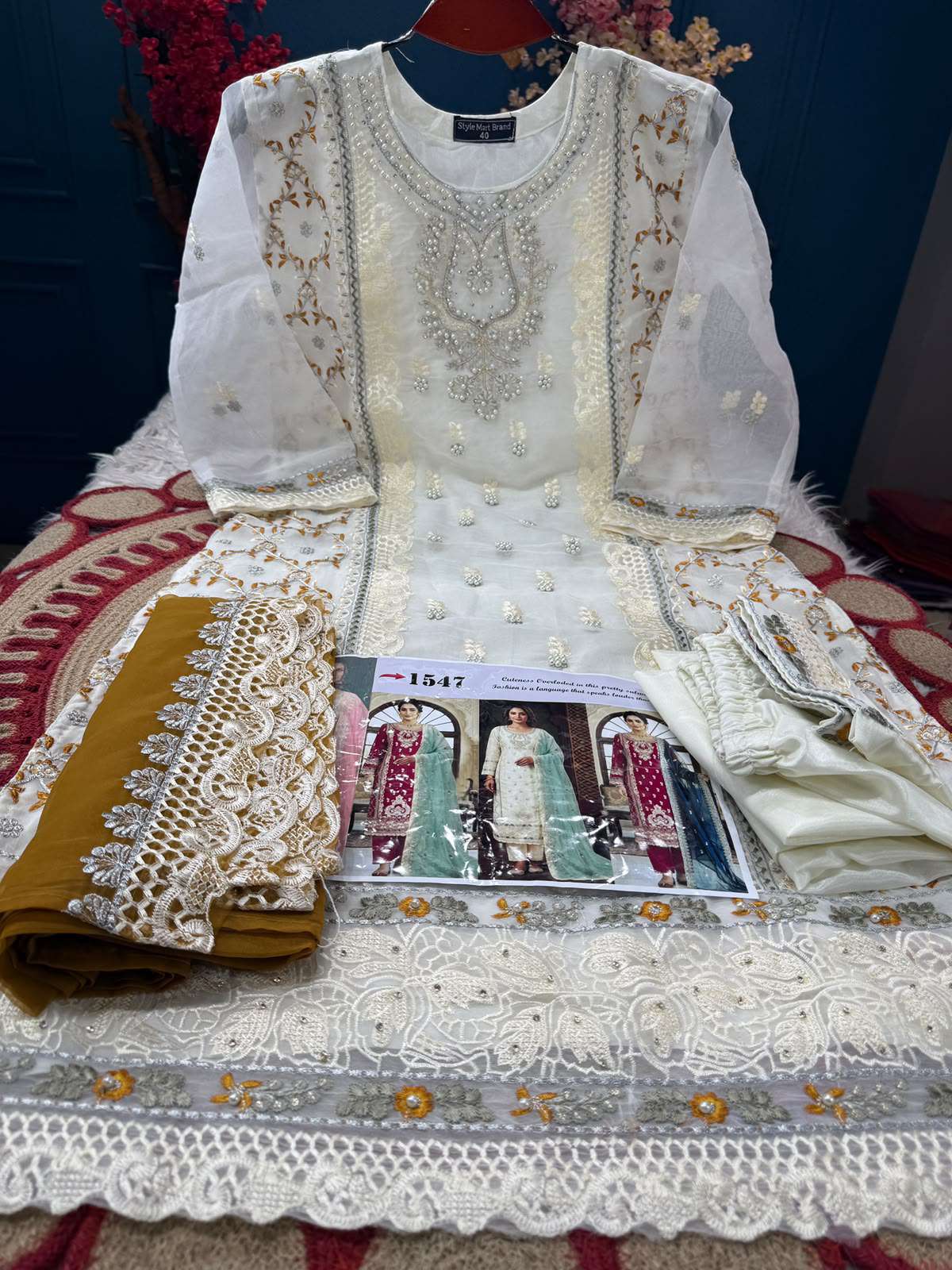 Stitched White Salwar kamiz - 1750 Mustard Dupatta