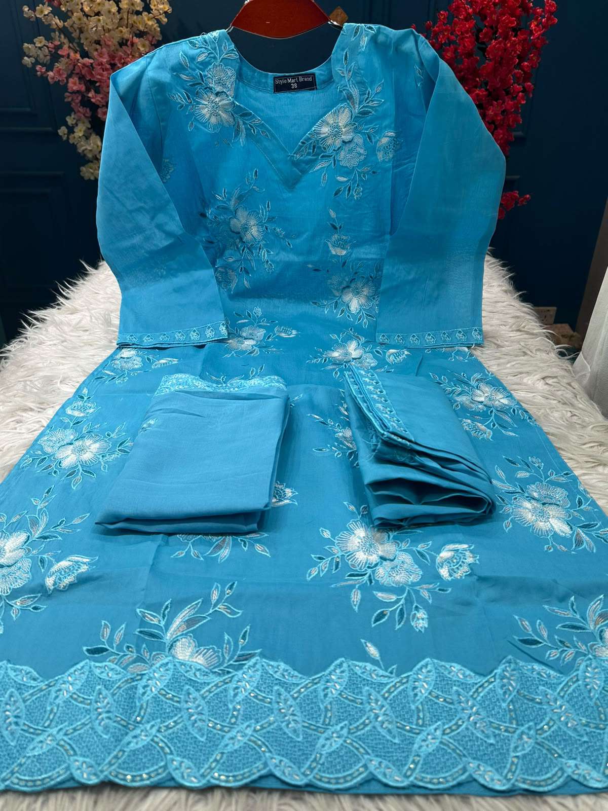 Women's Gorgeous Sky Blue Unstitched Set - 1750