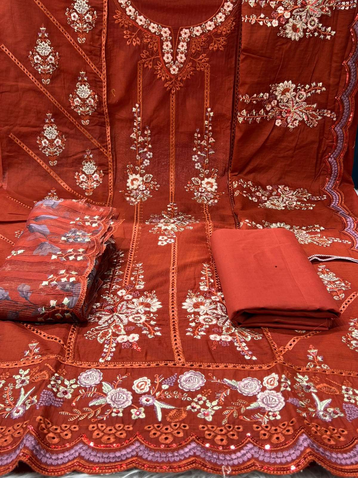Brick Contrast Unstitched Salwar Kamiz - 1800