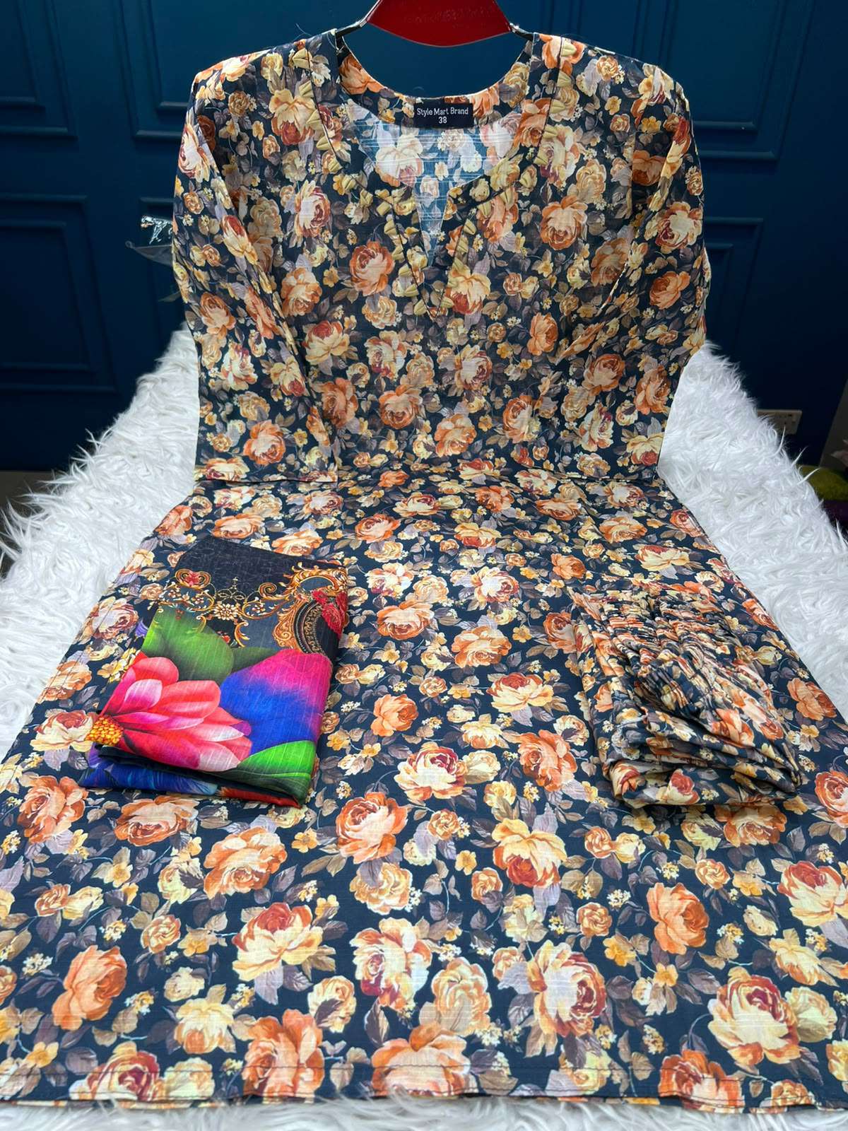 Slub Cotton Flowery Stitched Dress - 1250