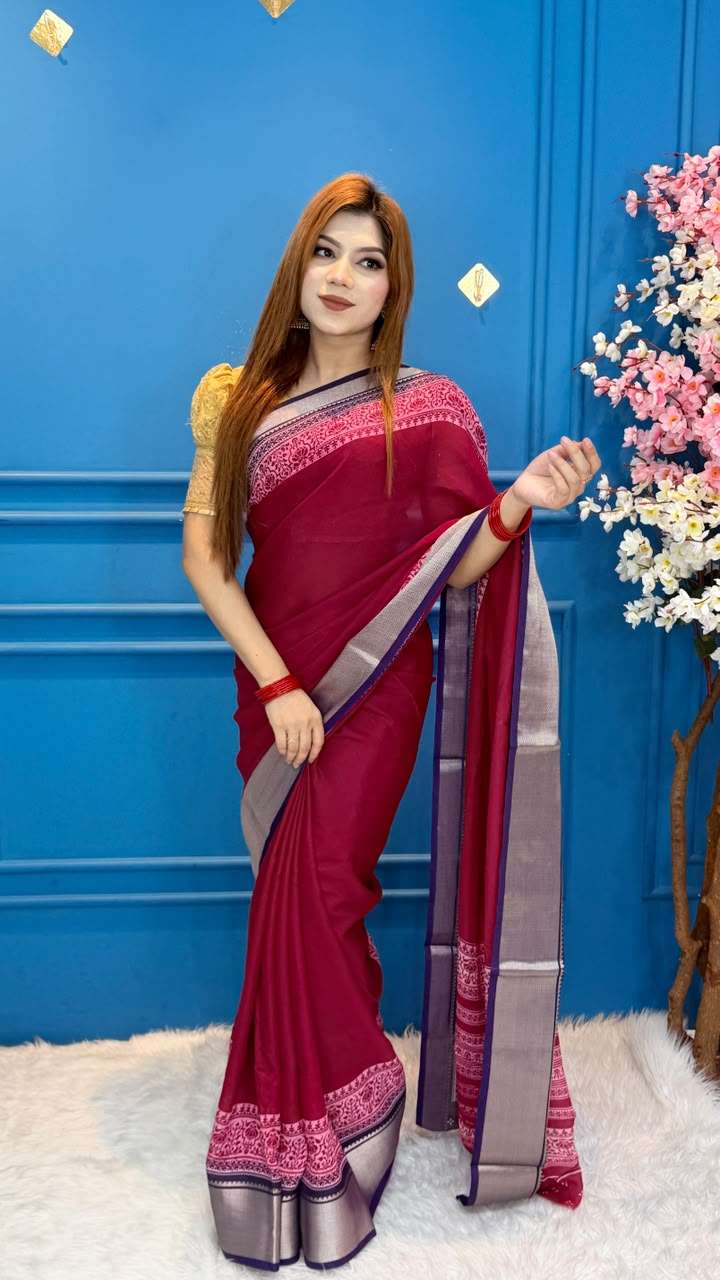 Snigdha Soft Moslin Maroon Floral Saree