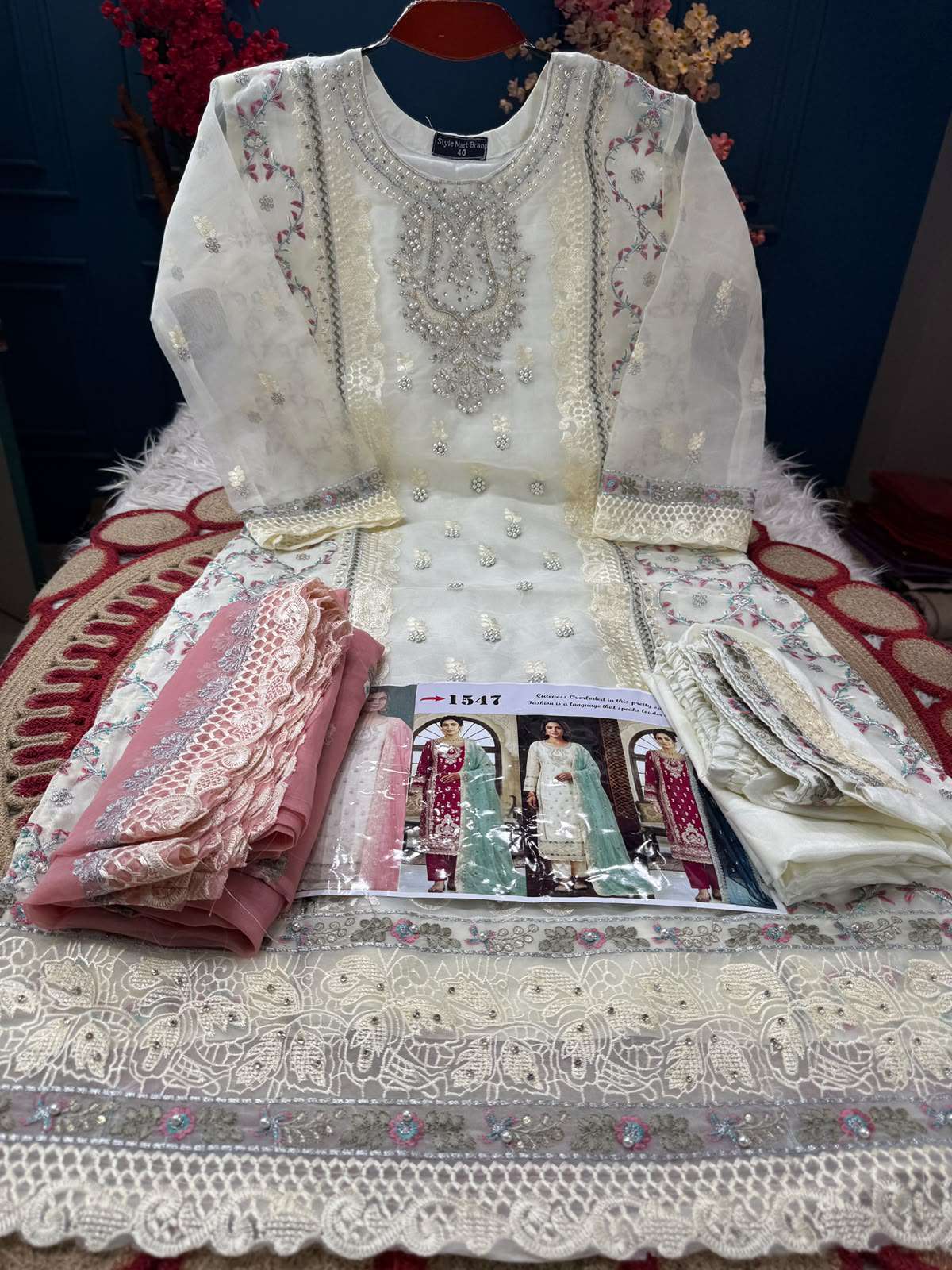 Stitched White Salwar kamiz - 1750 Pink Dupatta