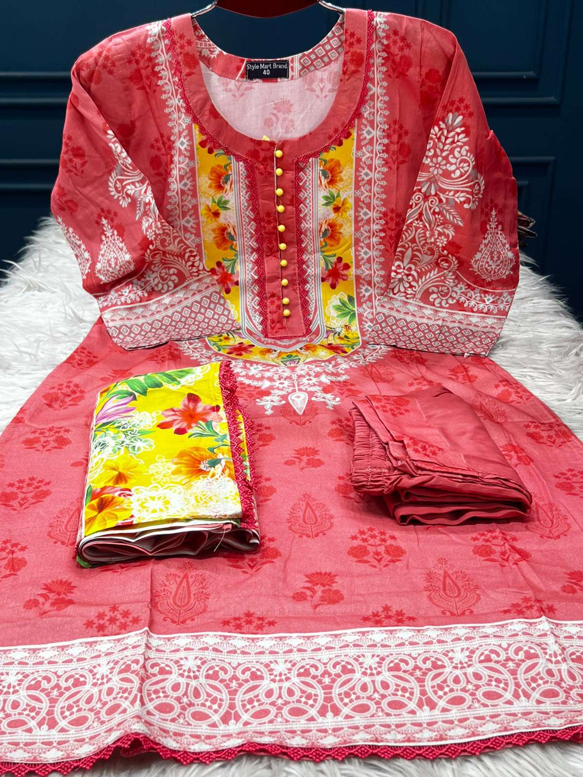 Pink Yellow Luxury Lawn Stitched Set - 999
