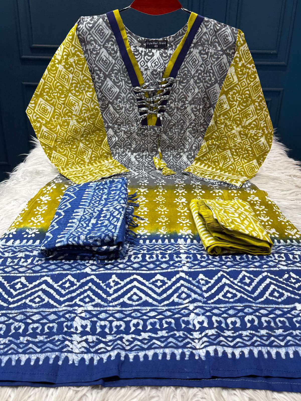 Natural Batik Olive Blue Stitched Dress - 1300