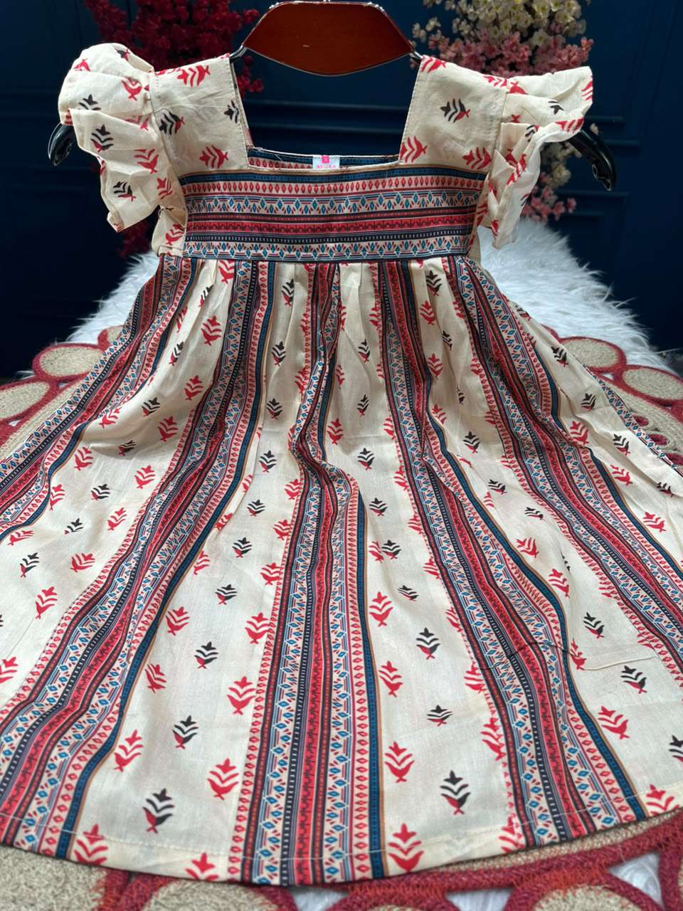 Adorable Creamy Red Baby Frock