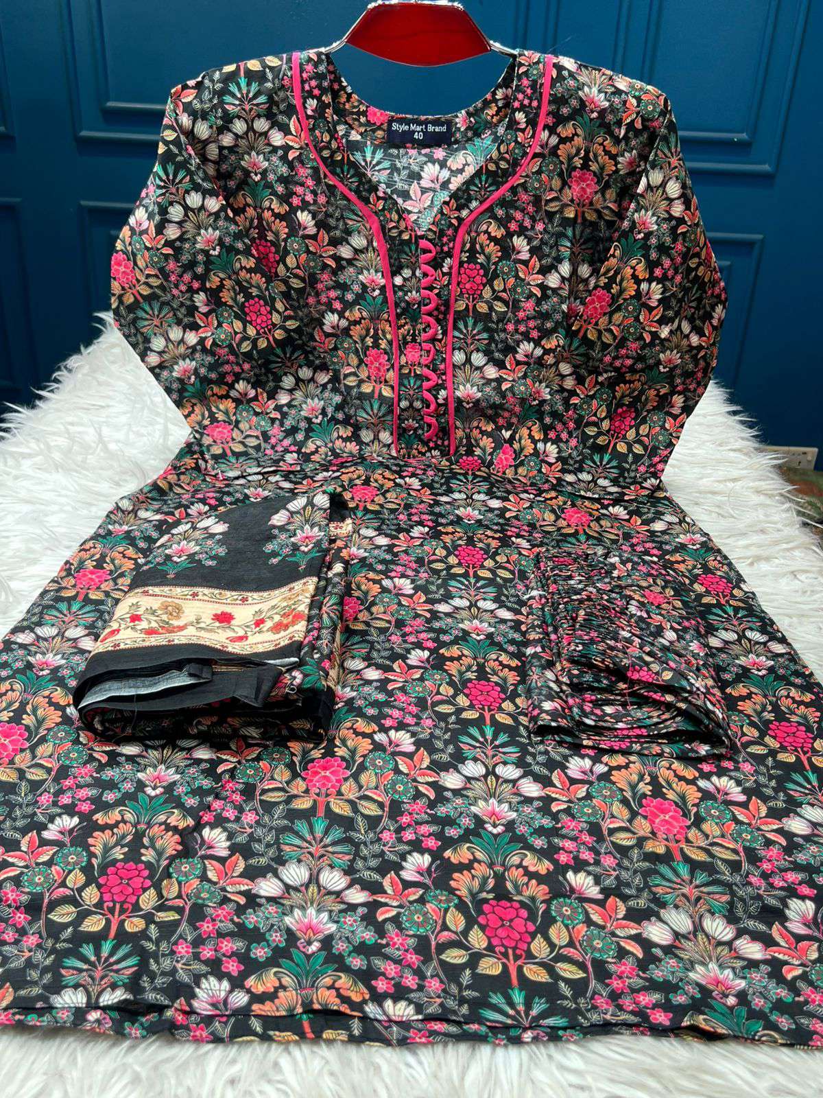 Slub Cotton Black Flowery Stitched Dress - 1250