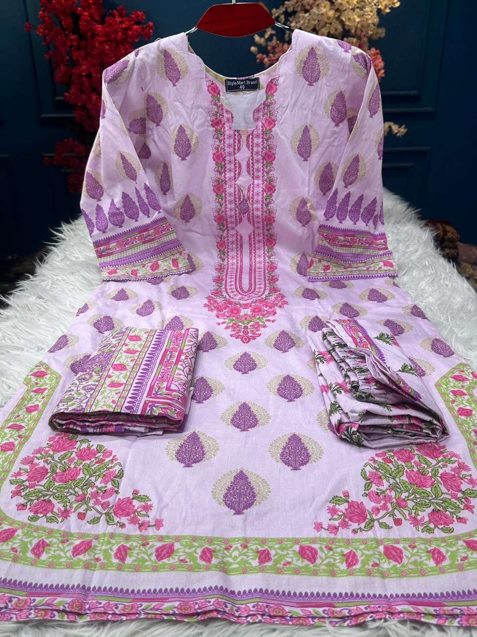 Vintage Pink Buta Printed Suit - 1100
