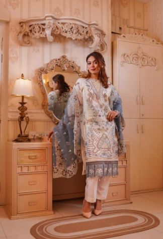 PREMIUM Quality Pakistani Inspierd JJ EMBELLISH Unstitched EID Collection - 2900 Cream
