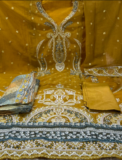 lUXURY CHIFFON MUSTARD PARTY WEAR - 1150