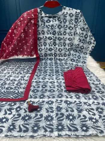 New Arraivals Vegetable Batik Stitched Three Piece For Women - 1300 White Blue