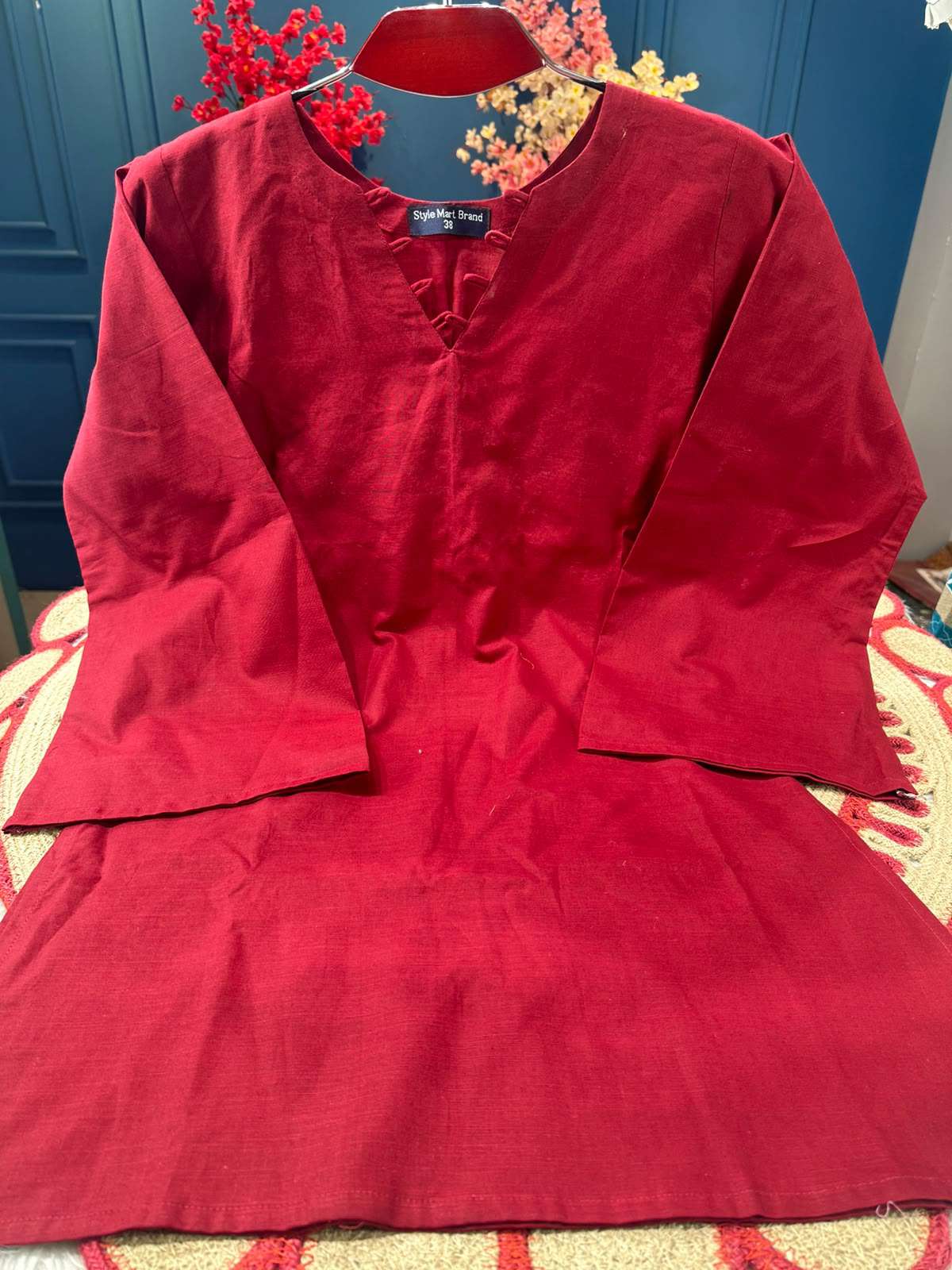 Long Pattern Red Stunning Cotton Kurti - 550