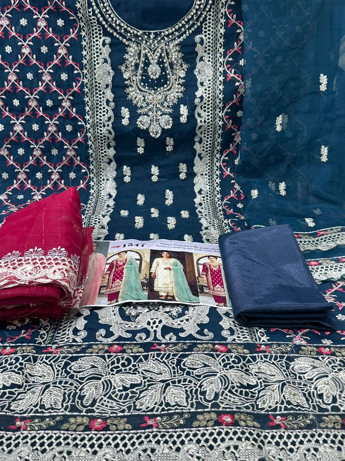 Unstitched Blue Salwar kamiz - 1700 Red Dupatta
