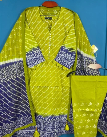 New Arraivals Vegetable Batik Stitched Three Piece For Women Collection - Olive 1300