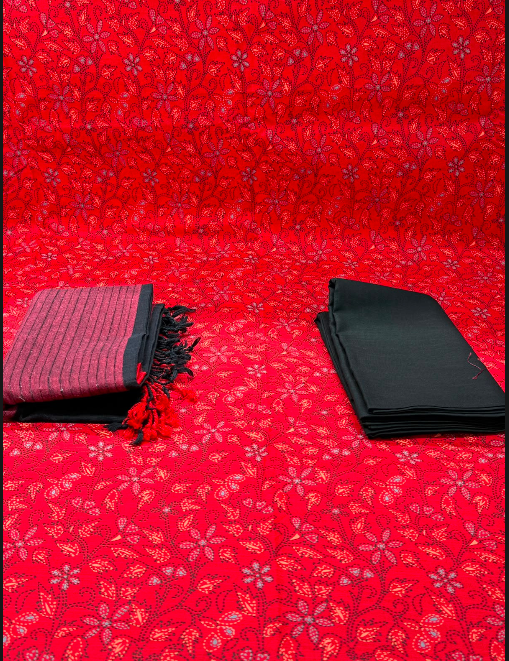 Slub Cotton Red Flower Printed Unstitched - 850