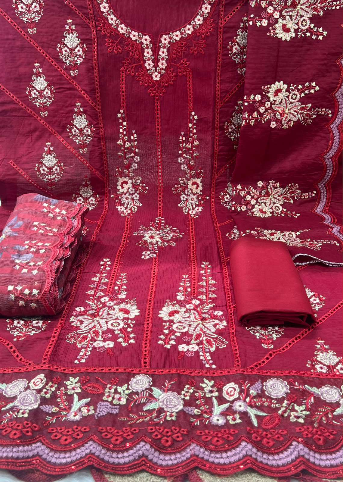 Burgundy Contrast Unstitched Salwar Kamiz - 1800