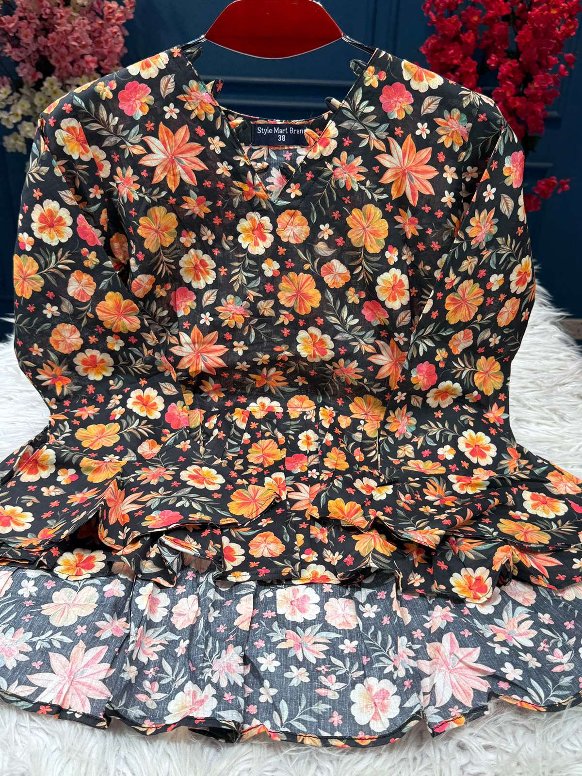 Stunning Black Orange Cotton Kurti - 499