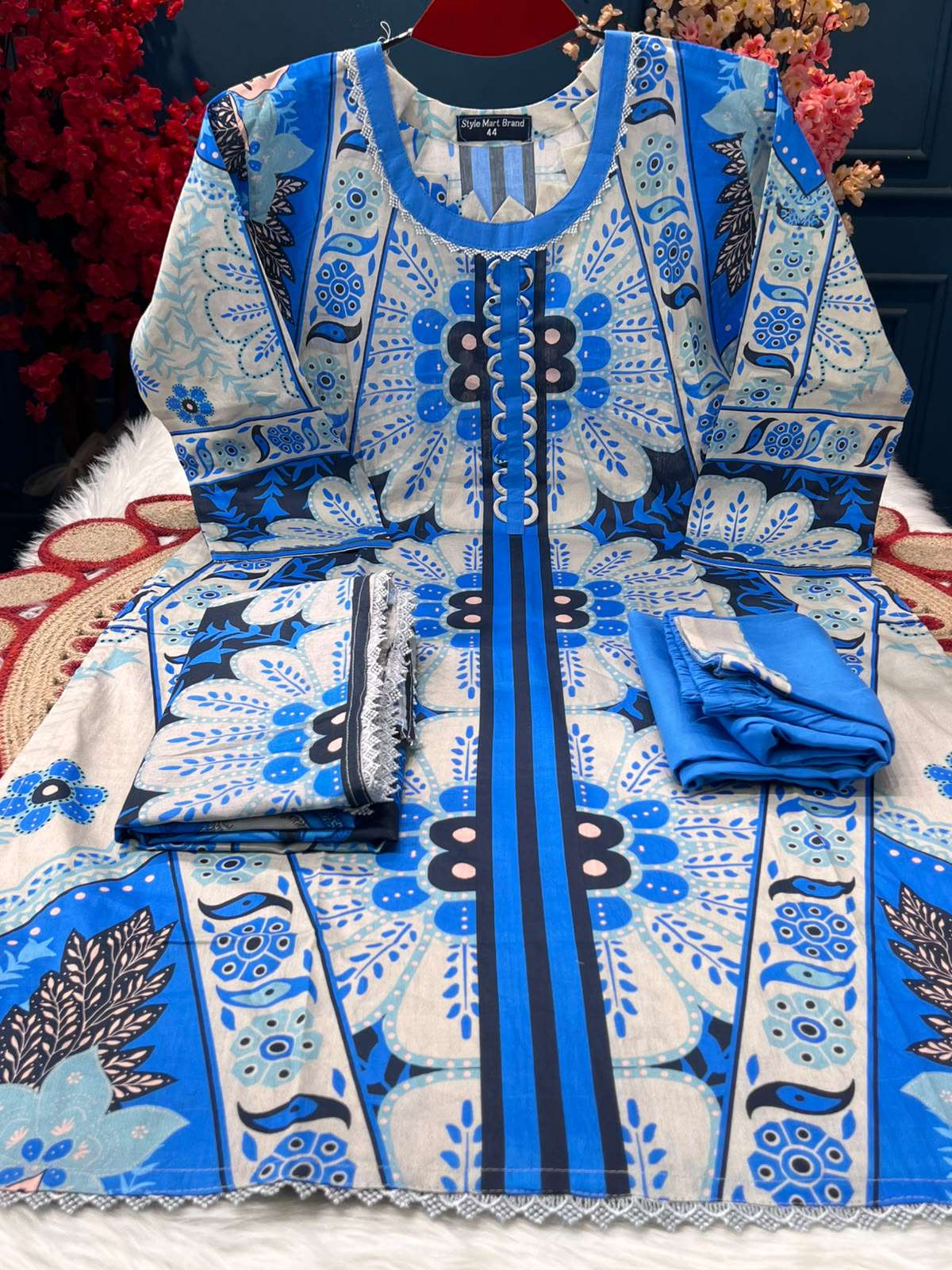 Luxuary Lawn Blue White Stitched Dress - 999
