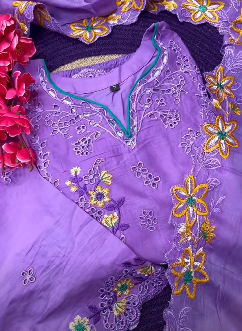 Pure Lavander Cotton Stitched Dress - 2000
