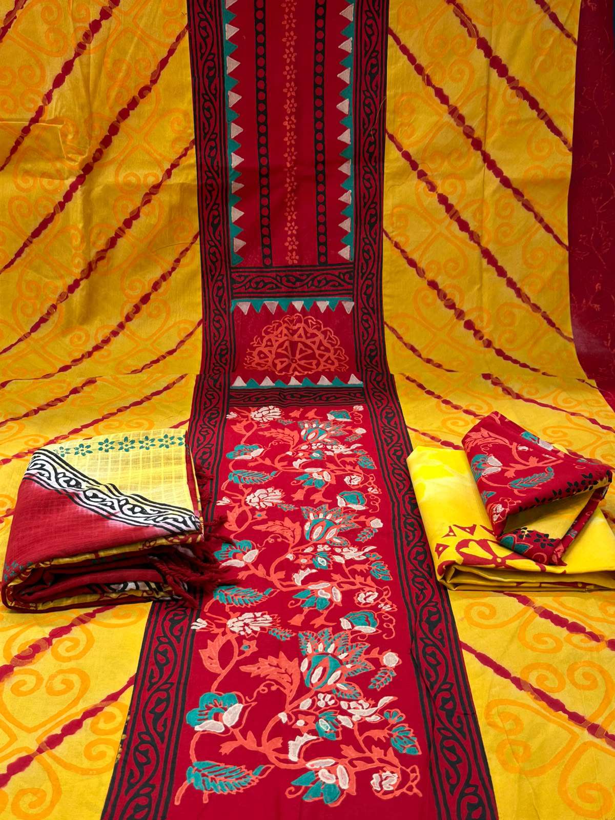 Block Patterned Yellow Red Bexy Boyel Unstitched - 1100